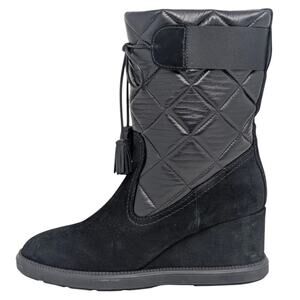 Aquatalia Caliana 8.5 Black Weatherproof Quilted Leather Suede Wedge Boots